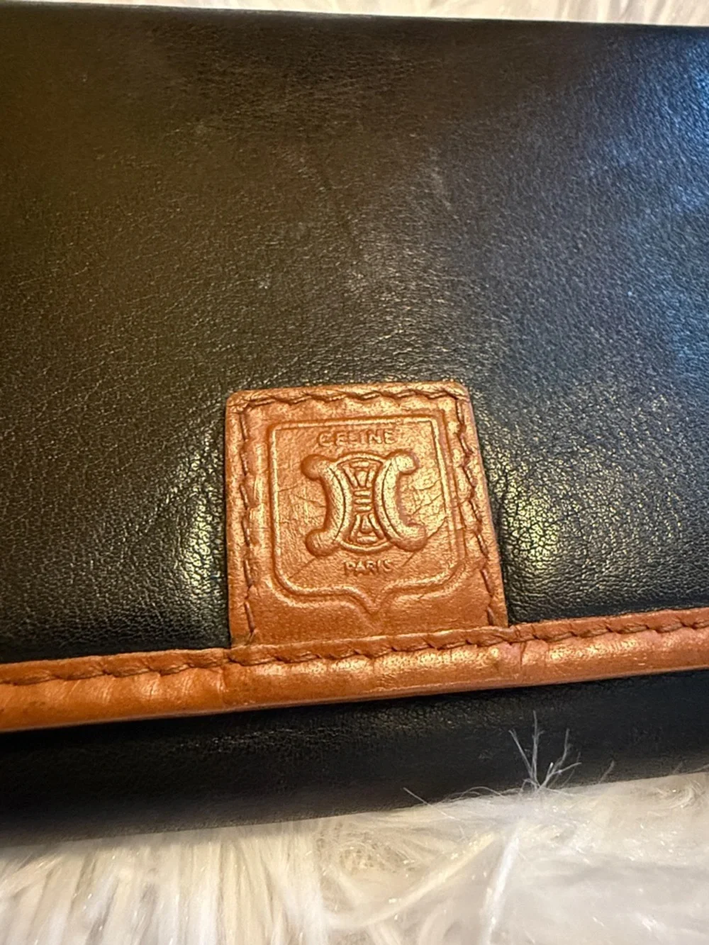 Celine Vintage Black Leather Wallet with Brown Trim and Logo Patch - Picture 2 of 8